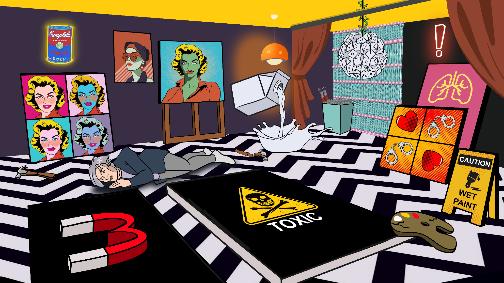 A pop-art studio with colorful portraits, milk-carton sculptures, scattered tools, and a sleeping artist.