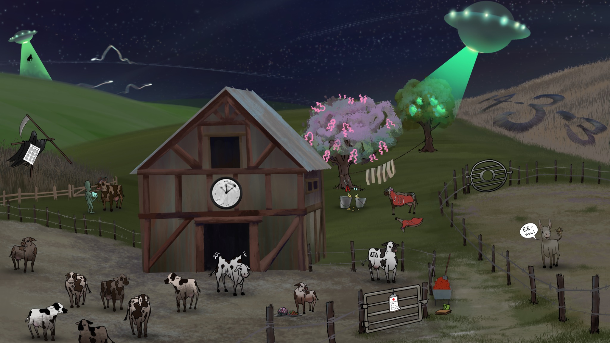 Flying saucers above a cattle farm, with a racing barn clock, crop-circle numbers, unusual trees, and sharp trails in the sky.
