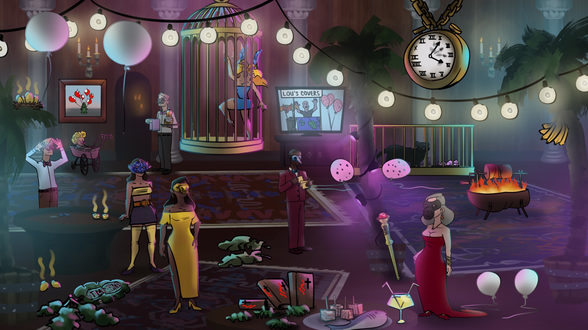 An extravagant masquerade with masked guests, ornate cages, foliage, and pharmacologic symbols.