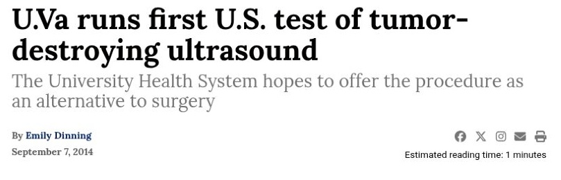 Original published Cavalier Daily page detail for U.Va. Runs First U.S. Test of Tumor-Destroying Ultrasound, retaining its headline and byline.