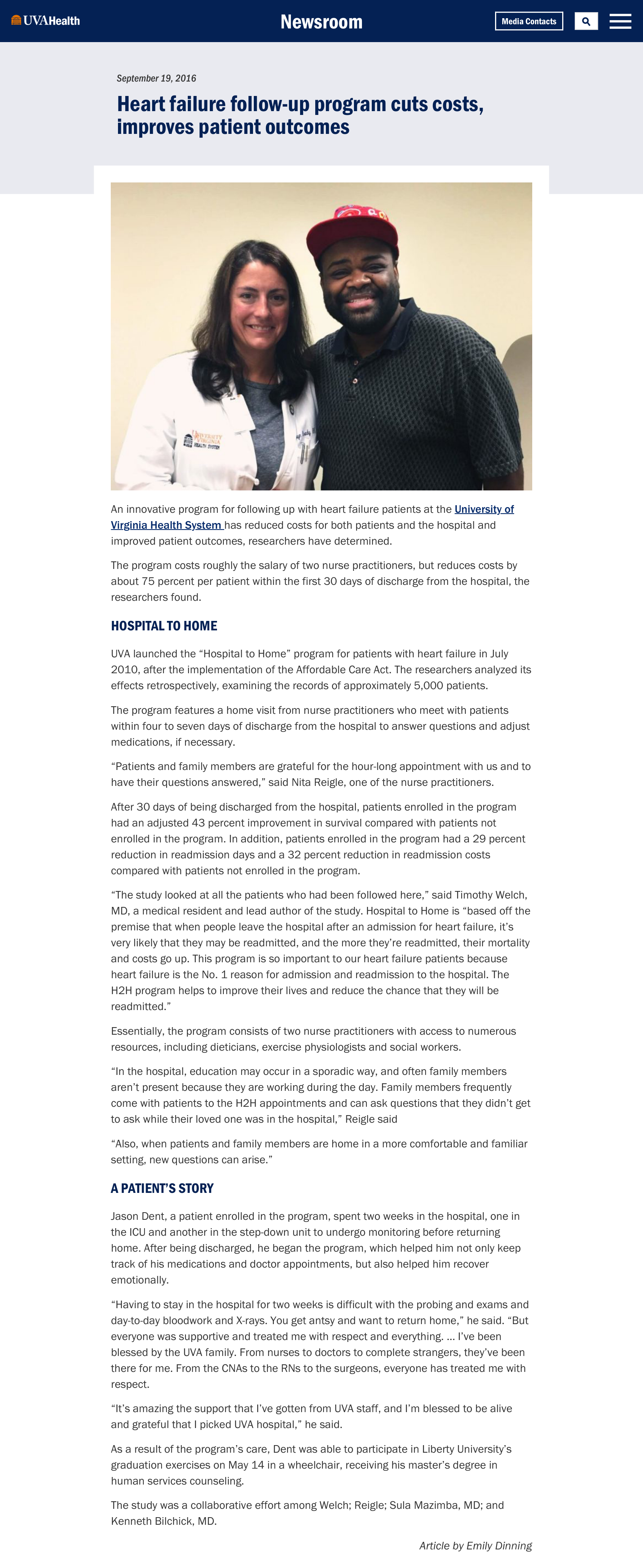 Published UVA Health release, including its original headline, photograph, article, and Emily Dinning’s byline.