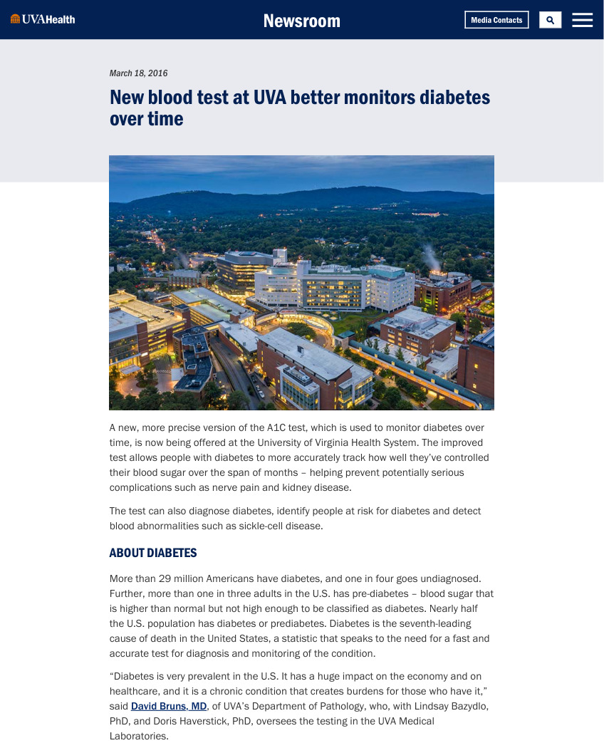 Original published UVA Health release for New Blood Test at UVA Better Monitors Diabetes over Time, retaining its headline and byline.