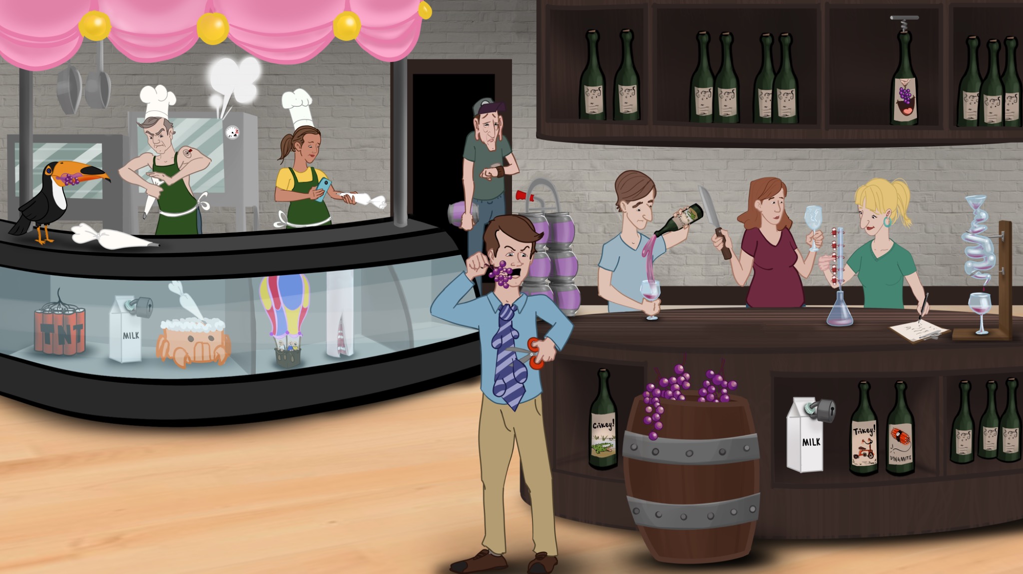 A bakery and wine shop with a struggling baker, berry-eating toucan, elaborate cakes, corkscrews, and glassware.