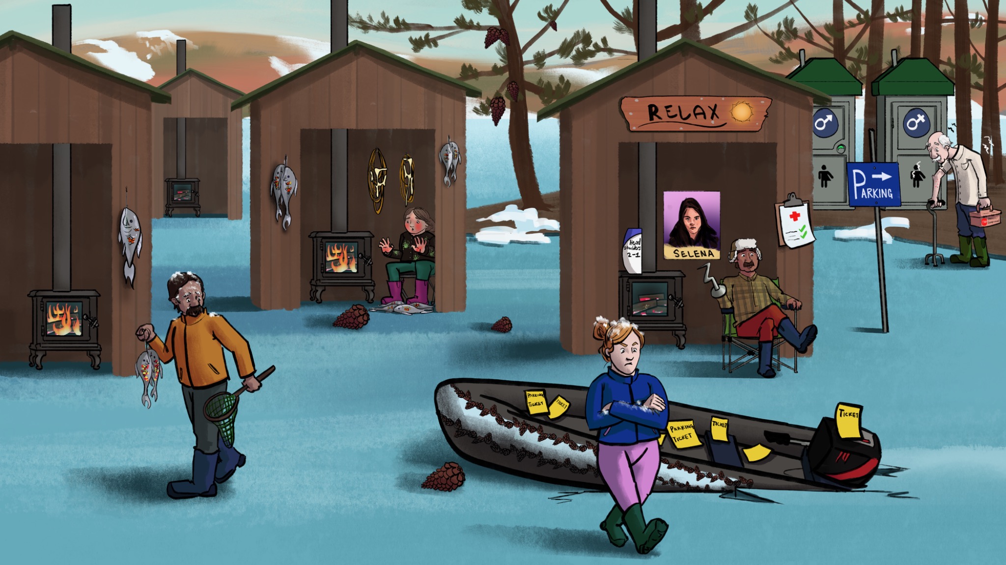 An ice-fishing camp with scaled fish, frosted hairlines, cabin stoves, and a frozen boat covered in parking tickets.