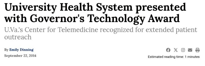 Original published Cavalier Daily page detail for University Health System Presented with Governor’s Technology Award, retaining its headline and byline.